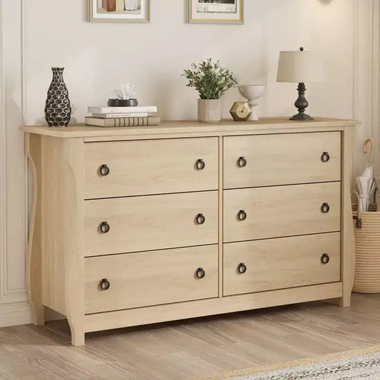 Commode naturelle à 6 tiroirs, commode de rangement bohème de 120 cm de large avec pieds incurvés et grand espace de rangement pour salon, chambre, entrée, chambre de bébé