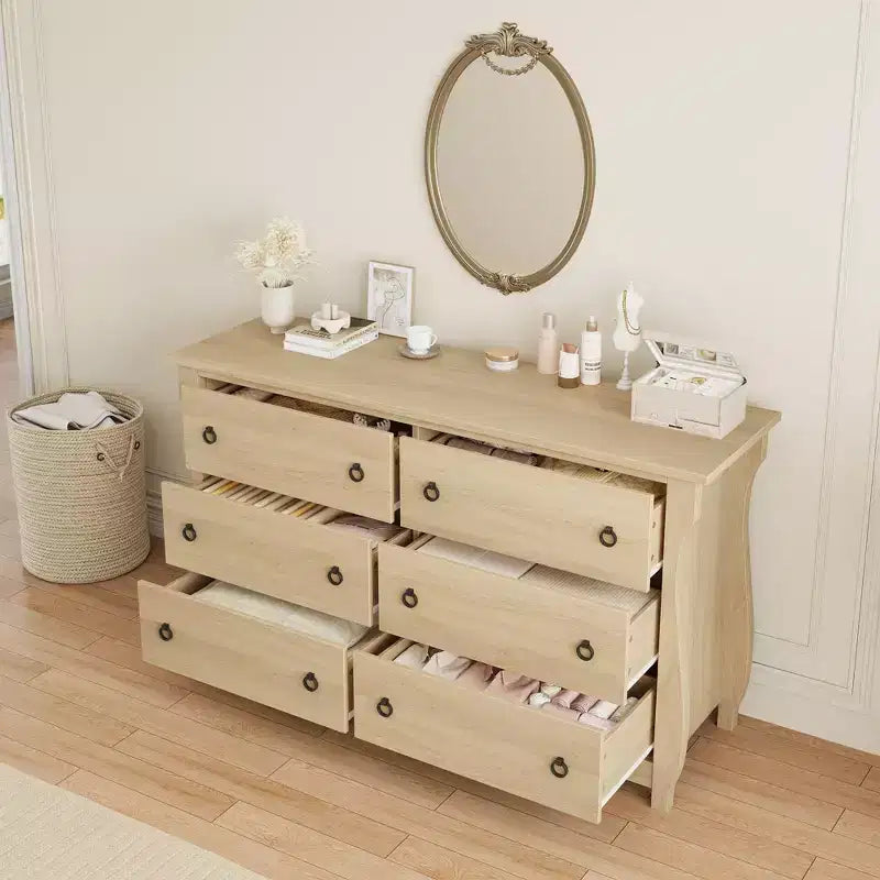 Commode Naturelle à 6 Tiroirs, Commode Bohème de 120 cm de Large avec Pieds Courbés et Grand Rangement pour Salon, Chambre, Entrée, Crèche