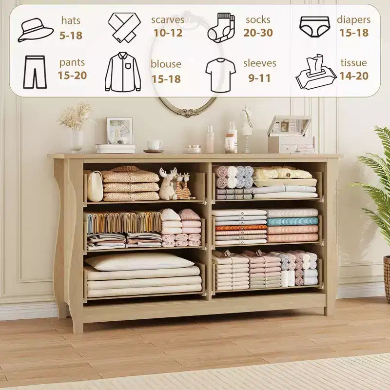 Commode Naturelle à 6 Tiroirs, Commode Bohème de 120 cm de Large avec Pieds Courbés et Grand Rangement pour Salon, Chambre, Entrée, Crèche