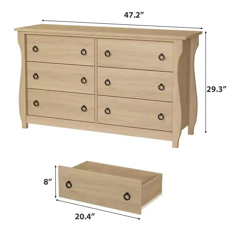 Commode Naturelle à 6 Tiroirs, Commode Bohème de 120 cm de Large avec Pieds Courbés et Grand Rangement pour Salon, Chambre, Entrée, Crèche