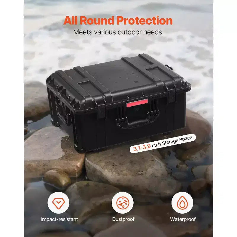 Valise rigide étanche, Boîtier de protection robuste avec mousse prédécoupée, roulettes et poignées rétractables pour les voyages, la chasse, Noir