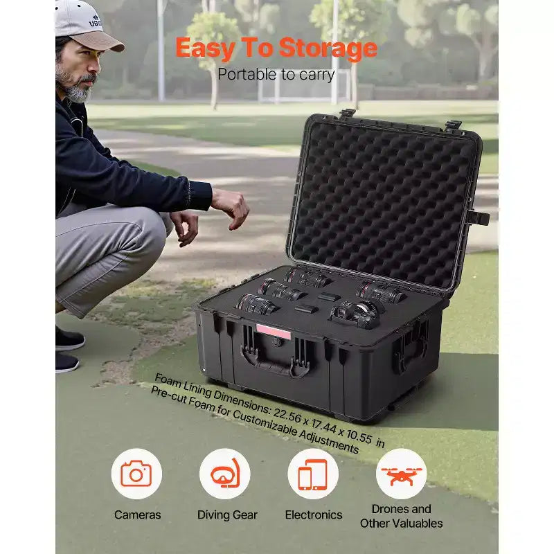 Valise rigide étanche, Boîtier de protection robuste avec mousse prédécoupée, roulettes et poignées rétractables pour les voyages, la chasse, Noir