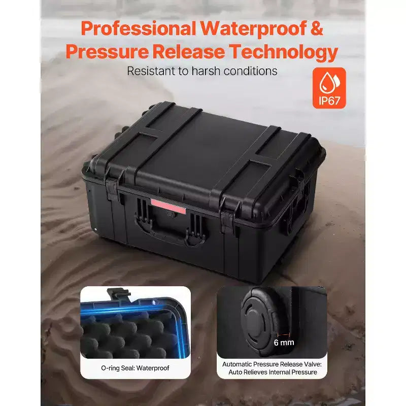 Valise rigide étanche, Boîtier de protection robuste avec mousse prédécoupée, roulettes et poignées rétractables pour les voyages, la chasse, Noir