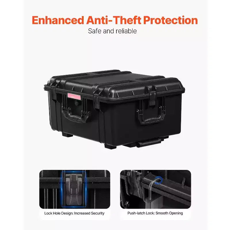 Valise rigide étanche, Boîtier de protection robuste avec mousse prédécoupée, roulettes et poignées rétractables pour les voyages, la chasse, Noir