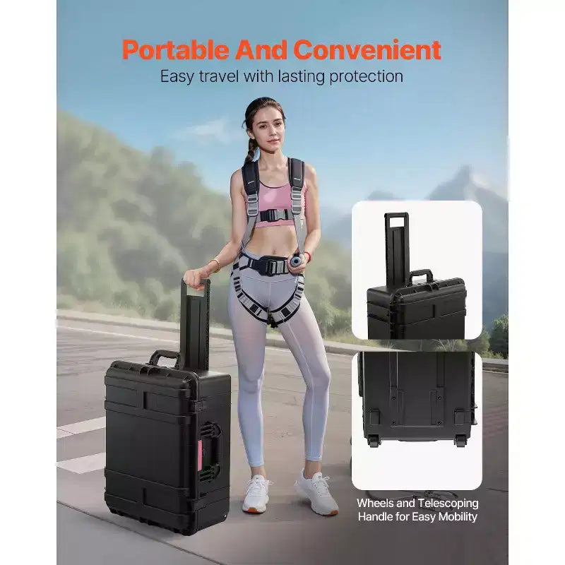 Valise rigide étanche, Boîtier de protection robuste avec mousse prédécoupée, roulettes et poignées rétractables pour les voyages, la chasse, Noir