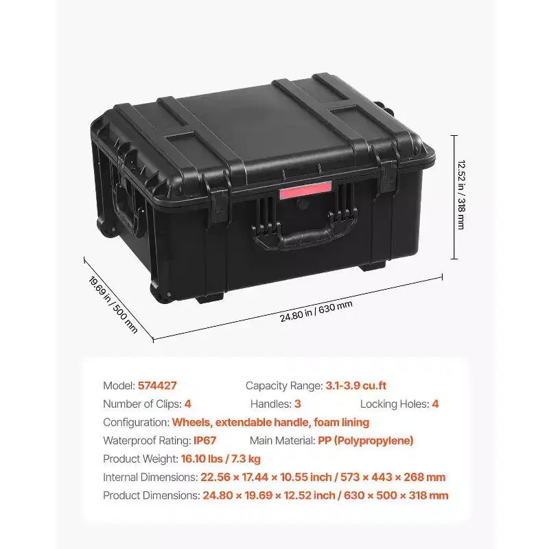 Valise rigide étanche, Boîtier de protection robuste avec mousse prédécoupée, roulettes et poignées rétractables pour les voyages, la chasse, Noir