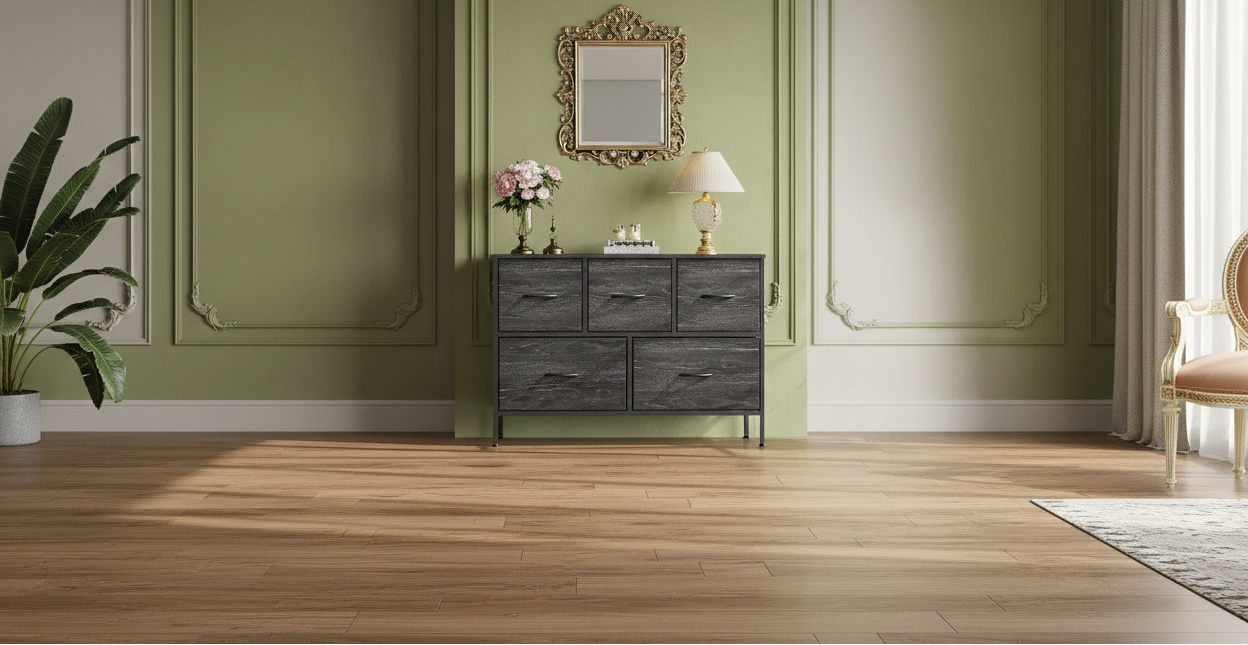 GALAXHERO 5 Drawer Dresser, Long Fabric Storage Unit for Bedroom, Closet & Hallway Charcoal Black Wood Grain Print