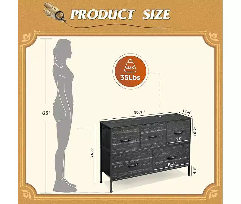 Commode à 5 tiroirs, Unité de rangement longue en tissu pour Chambre à coucher, placard et couloir, Imprimé grain de bois anthracite