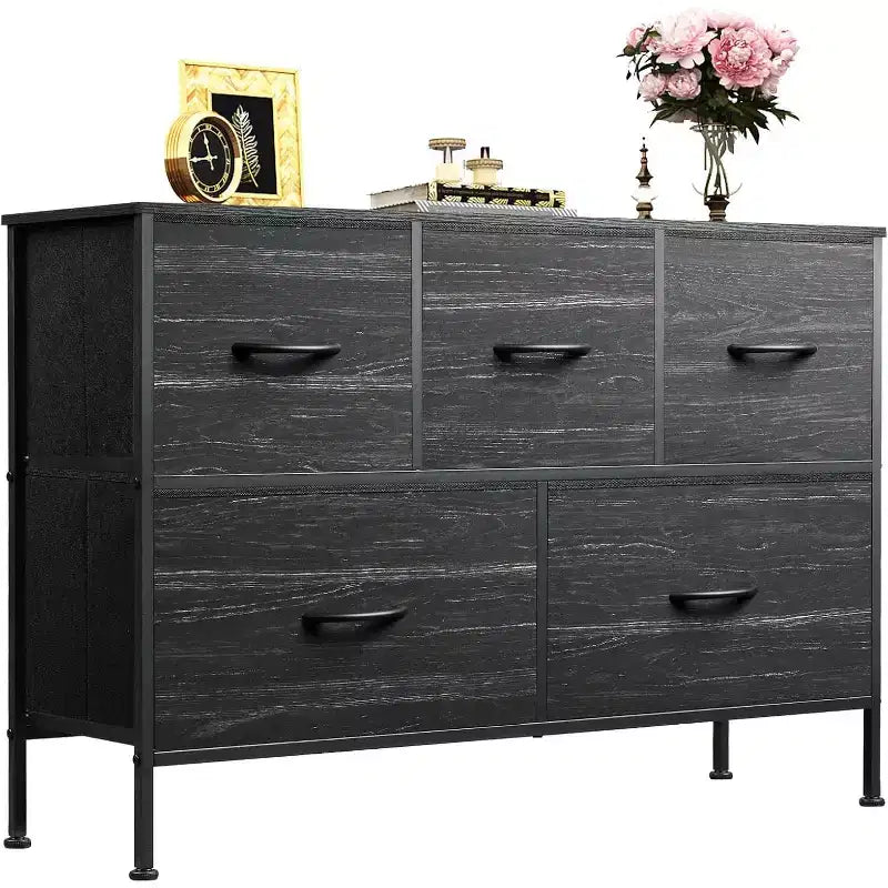 Commode à 5 tiroirs, Unité de rangement longue en tissu pour Chambre à coucher, placard et couloir, Imprimé grain de bois anthracite