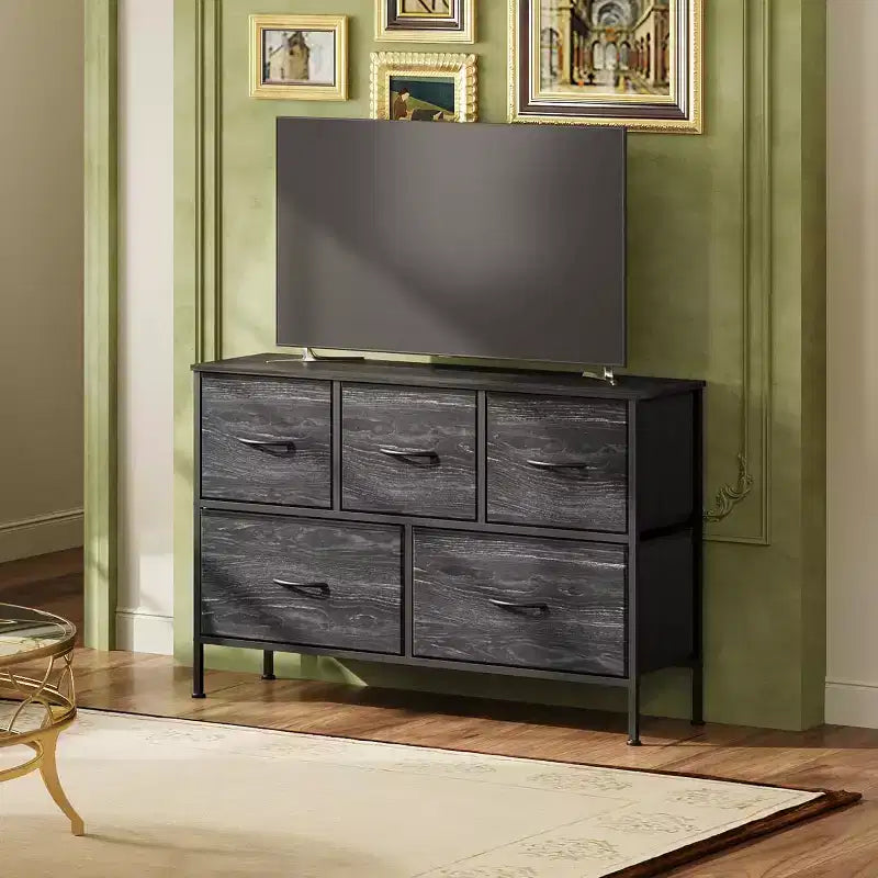 Commode à 5 tiroirs, Unité de rangement longue en tissu pour Chambre à coucher, placard et couloir, Imprimé grain de bois anthracite