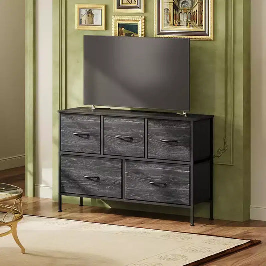 Commode à 5 tiroirs, Unité de rangement longue en tissu pour Chambre à coucher, placard et couloir, Imprimé grain de bois anthracite