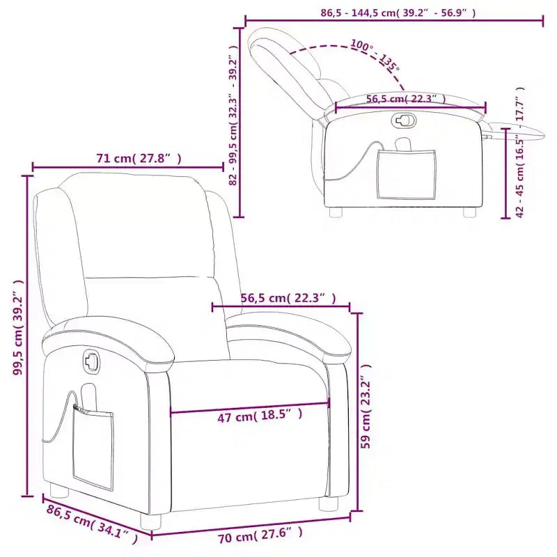 Fauteuil inclinable de massage avec 6 points de vibration, réglable, cuir véritable noir - Noir