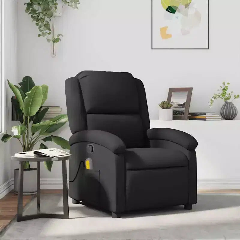 Fauteuil inclinable de massage avec 6 points de vibration, réglable, cuir véritable noir - Noir