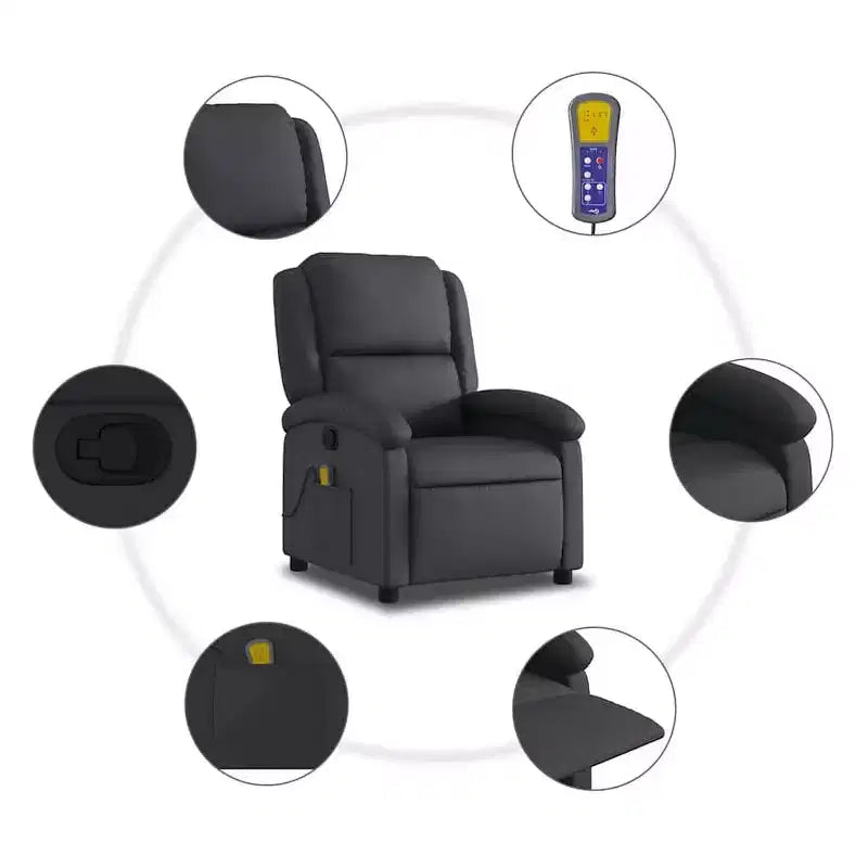 Fauteuil inclinable de massage avec 6 points de vibration, réglable, cuir véritable noir - Noir