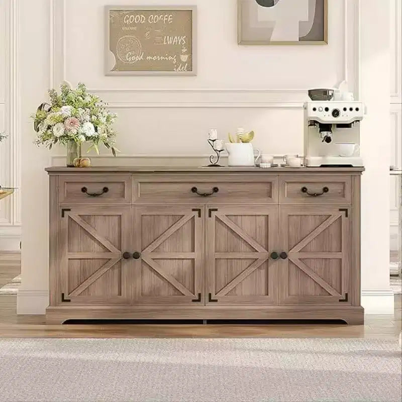 Grand buffet de rangement de 65 po, buffet de cuisine rustique pour couverts, 3 tiroirs et 4 portes, meuble de rangement pour salon