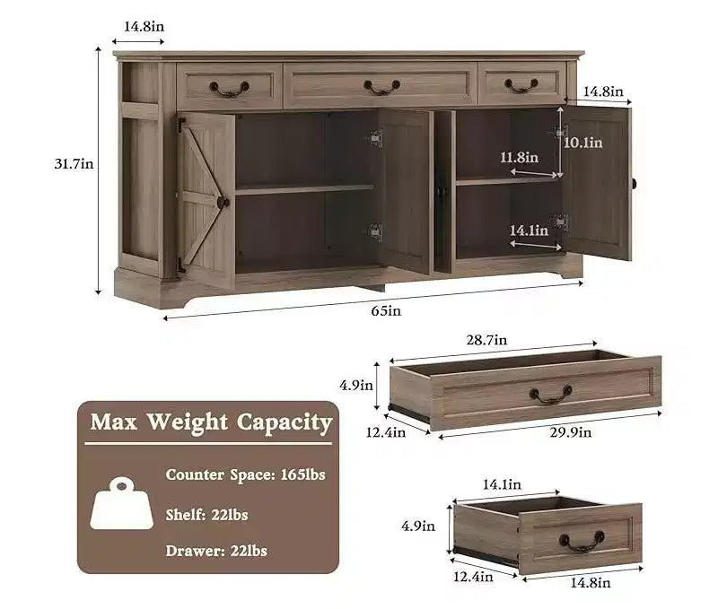 Grand buffet de rangement de 65 po, buffet de cuisine rustique pour couverts, 3 tiroirs et 4 portes, meuble de rangement pour salon