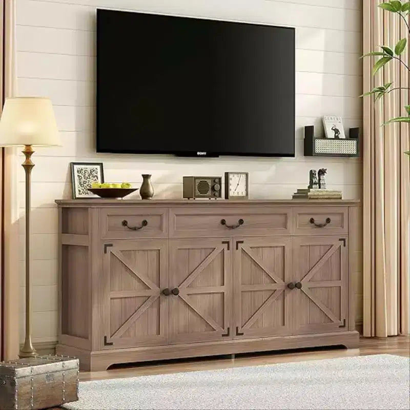 Grand buffet de rangement de 65 po, buffet de cuisine rustique pour couverts, 3 tiroirs et 4 portes, meuble de rangement pour salon
