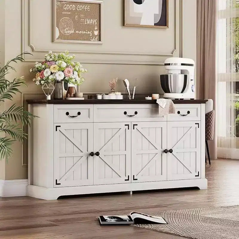 Grand buffet de rangement de 65 po, buffet de cuisine rustique pour couverts, 3 tiroirs et 4 portes, meuble de rangement pour salon