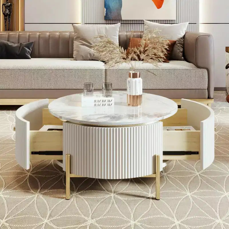 Table basse de rangement ronde de 31,5 po, table d'appoint centrale moderne avec 2 grands tiroirs cachés, conception peu encombrante pour petit salon