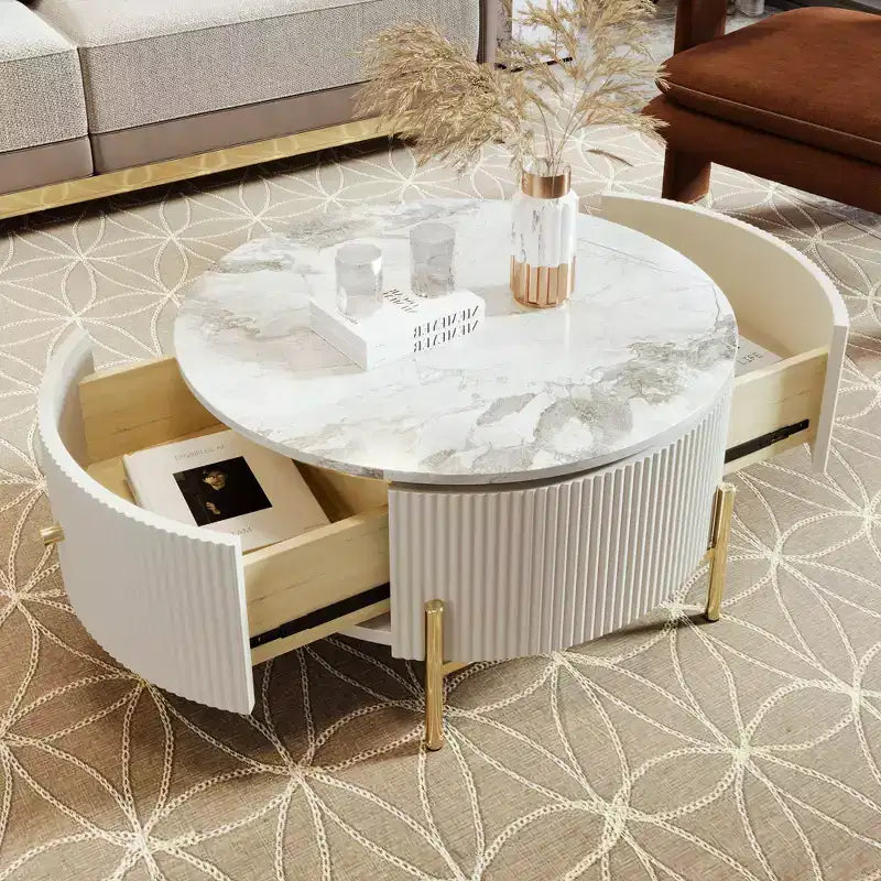 Table basse de rangement ronde de 31,5 po, table d'appoint centrale moderne avec 2 grands tiroirs cachés, conception peu encombrante pour petit salon