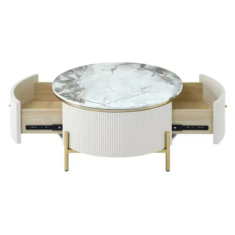 Table basse de rangement ronde de 31,5 po, table d'appoint centrale moderne avec 2 grands tiroirs cachés, conception peu encombrante pour petit salon