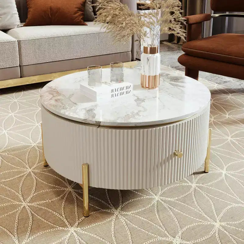 Table basse de rangement ronde de 31,5 po, table d'appoint centrale moderne avec 2 grands tiroirs cachés, conception peu encombrante pour petit salon