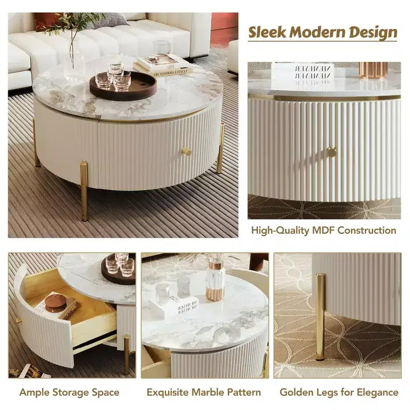 Table basse de rangement ronde de 31,5 po, table d'appoint centrale moderne avec 2 grands tiroirs cachés, conception peu encombrante pour petit salon