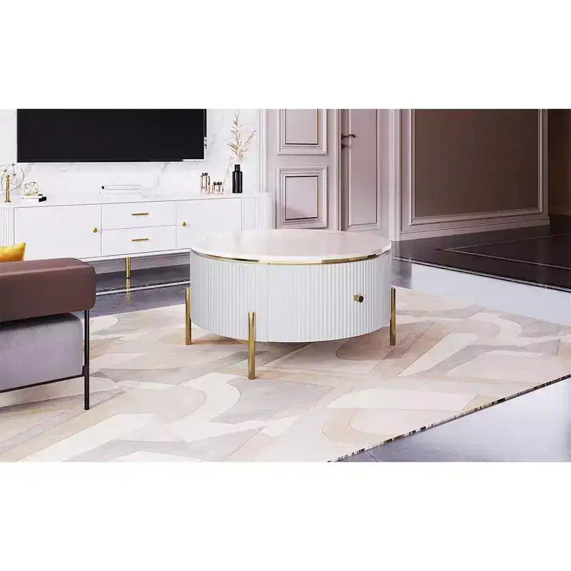Table basse de rangement ronde de 31,5 po, table d'appoint centrale moderne avec 2 grands tiroirs cachés, conception peu encombrante pour petit salon