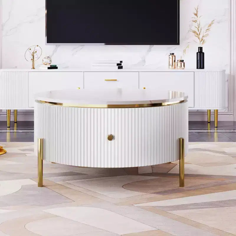 Table basse de rangement ronde de 31,5 po, table d'appoint centrale moderne avec 2 grands tiroirs cachés, conception peu encombrante pour petit salon