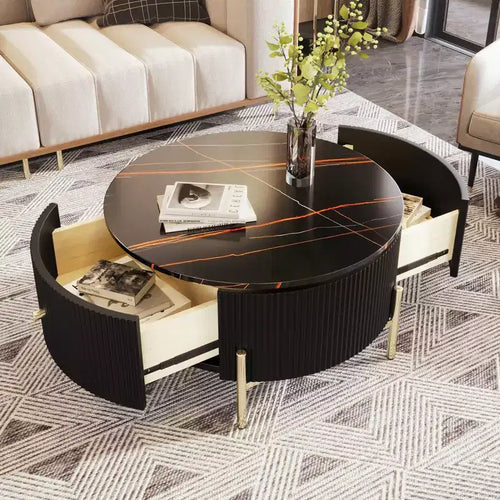 Table basse de rangement ronde de 31,5 po, table d'appoint centrale moderne avec 2 grands tiroirs cachés, conception peu encombrante pour petit salon
