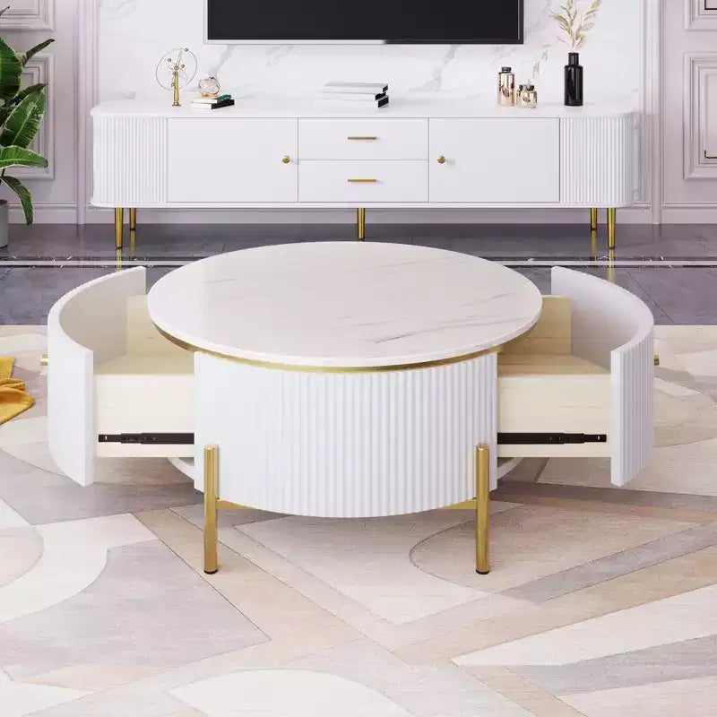 Table basse de rangement ronde de 31,5 po, table d'appoint centrale moderne avec 2 grands tiroirs cachés, conception peu encombrante pour petit salon