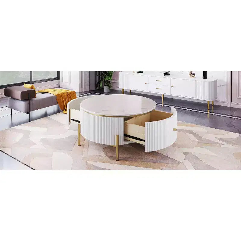 Table basse de rangement ronde de 31,5 po, table d'appoint centrale moderne avec 2 grands tiroirs cachés, conception peu encombrante pour petit salon
