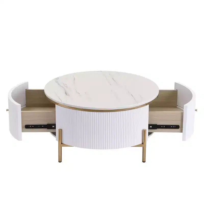 Table basse de rangement ronde de 31,5 po, table d'appoint centrale moderne avec 2 grands tiroirs cachés, conception peu encombrante pour petit salon