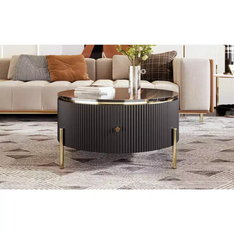 Table basse de rangement ronde de 31,5 po, table d'appoint centrale moderne avec 2 grands tiroirs cachés, conception peu encombrante pour petit salon