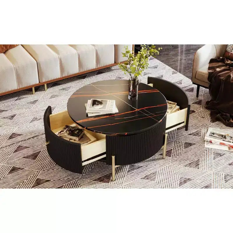Table basse de rangement ronde de 31,5 po, table d'appoint centrale moderne avec 2 grands tiroirs cachés, conception peu encombrante pour petit salon