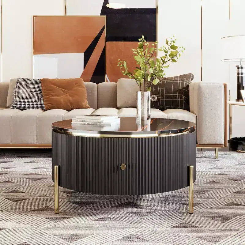 Table basse de rangement ronde de 31,5 po, table d'appoint centrale moderne avec 2 grands tiroirs cachés, conception peu encombrante pour petit salon