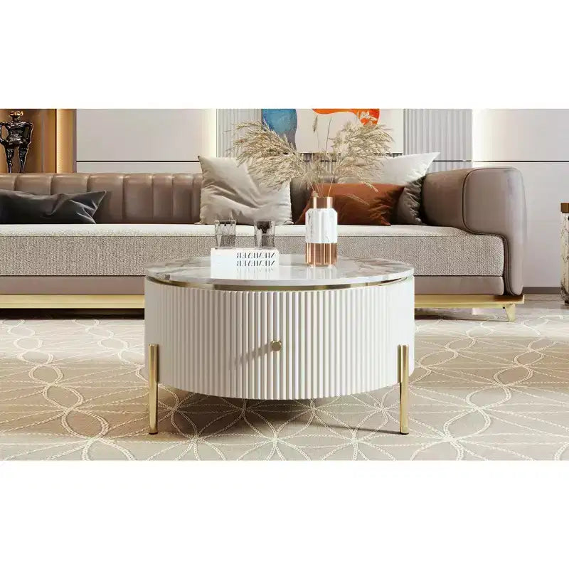 Table basse de rangement ronde de 31,5 po, table d'appoint centrale moderne avec 2 grands tiroirs cachés, conception peu encombrante pour petit salon