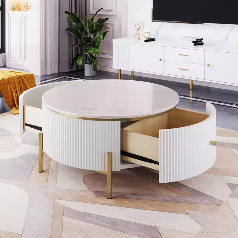 Table basse de rangement ronde de 31,5 po, table d'appoint centrale moderne avec 2 grands tiroirs cachés, conception peu encombrante pour petit salon