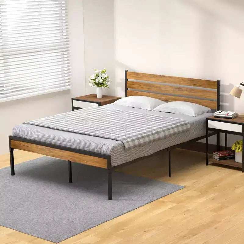 Queen Size Bed Frame, with Headboard and Footboard, Stable Platform Bed, No Noise, Brown