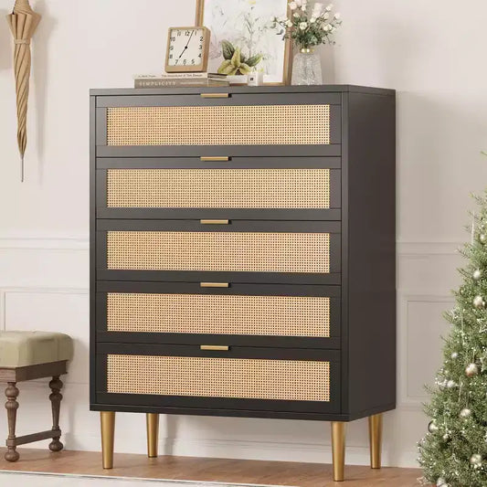 Commode haute en rotin à 5 tiroirs – Rangement vertical peu encombrant avec des accents métalliques