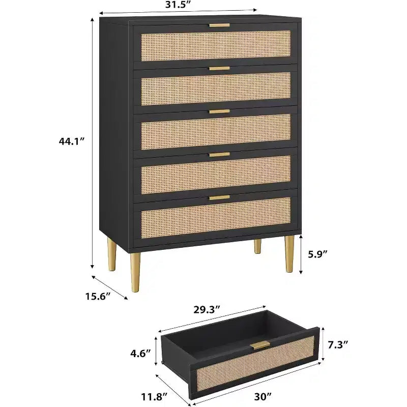 Commode haute en rotin à 5 tiroirs – Rangement vertical peu encombrant avec des accents métalliques