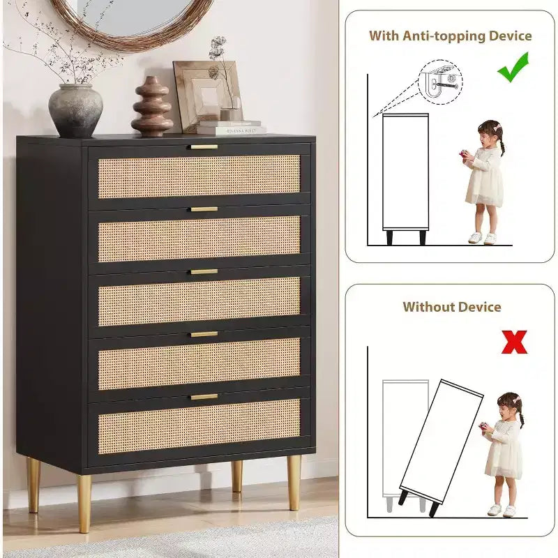 Commode haute en rotin à 5 tiroirs – Rangement vertical peu encombrant avec des accents métalliques