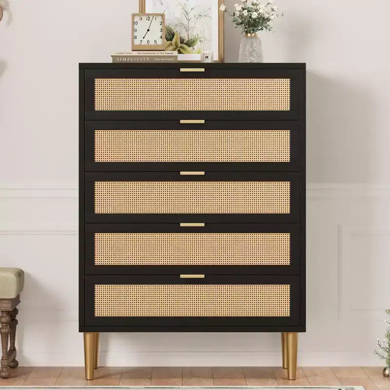 Commode haute en rotin à 5 tiroirs – Rangement vertical peu encombrant avec des accents métalliques
