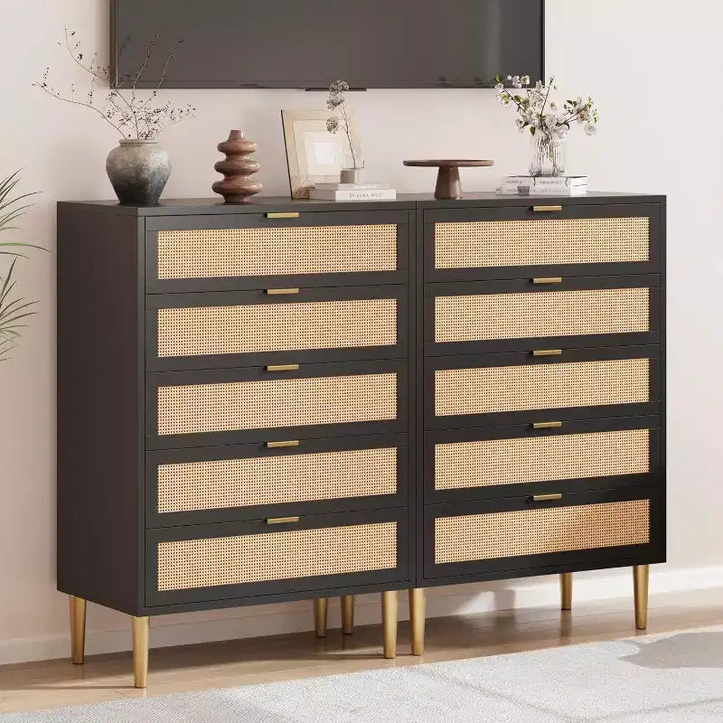 Commode haute en rotin à 5 tiroirs – Rangement vertical peu encombrant avec des accents métalliques