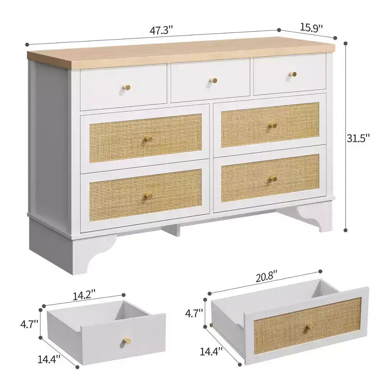 Commode à 7 tiroirs, en rotin naturel, commode et chiffonnier modernes en bois pour chambre à coucher, large commode de rangement avec tiroirs profonds