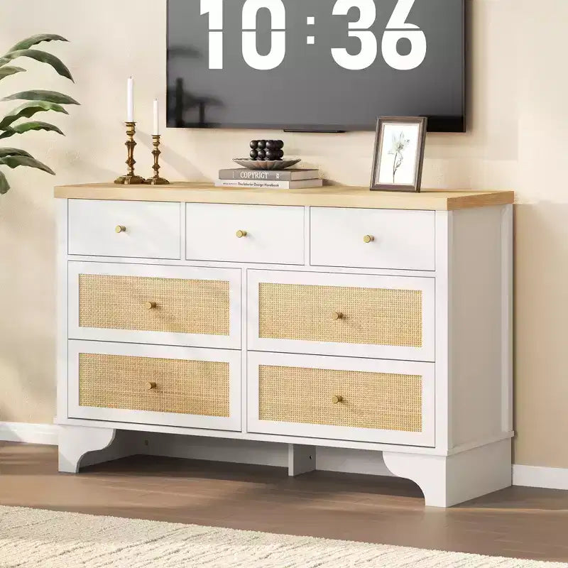 Commode à 7 tiroirs, en rotin naturel, commode et chiffonnier modernes en bois pour chambre à coucher, large commode de rangement avec tiroirs profonds