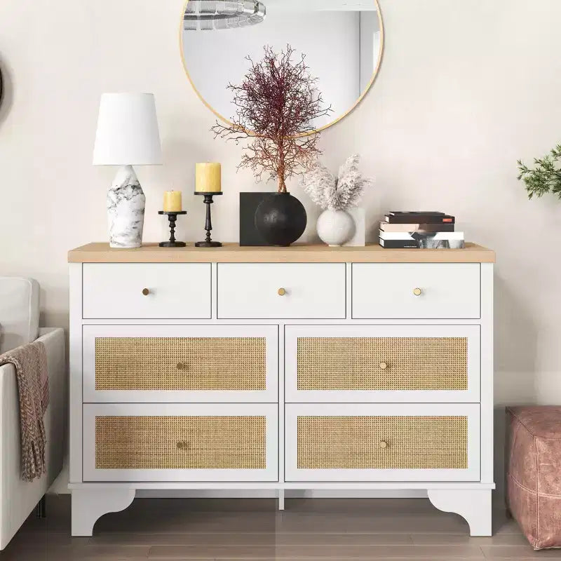 Commode à 7 tiroirs, en rotin naturel, commode et chiffonnier modernes en bois pour chambre à coucher, large commode de rangement avec tiroirs profonds