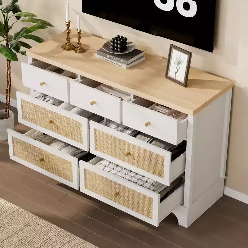 Commode à 7 tiroirs, en rotin naturel, commode et chiffonnier modernes en bois pour chambre à coucher, large commode de rangement avec tiroirs profonds