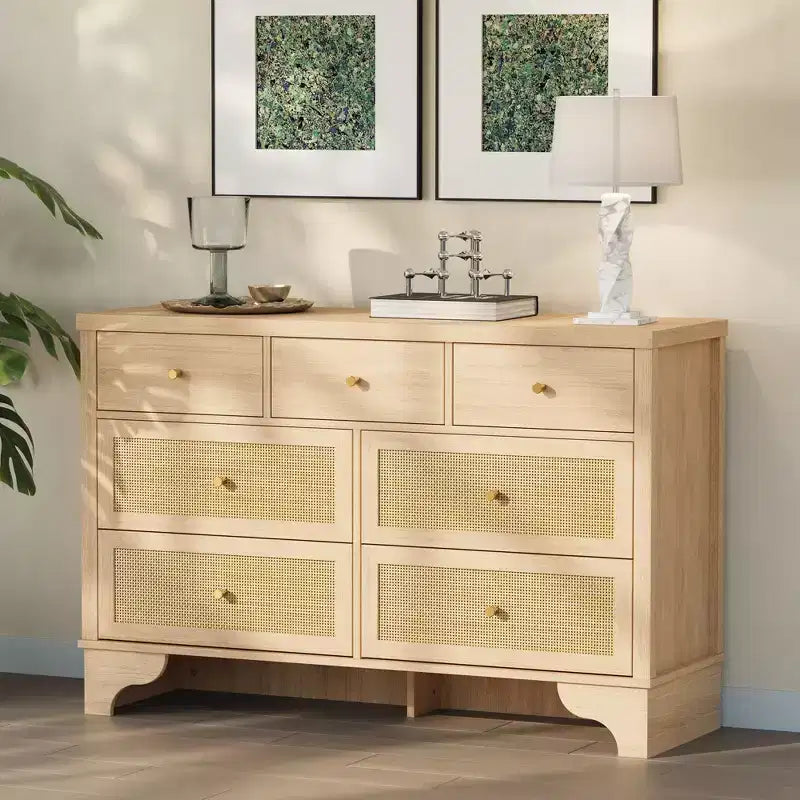 Commode à 7 tiroirs, en rotin naturel, commode et chiffonnier modernes en bois pour chambre à coucher, large commode de rangement avec tiroirs profonds