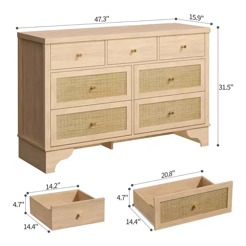 Commode à 7 tiroirs, en rotin naturel, commode et chiffonnier modernes en bois pour chambre à coucher, large commode de rangement avec tiroirs profonds